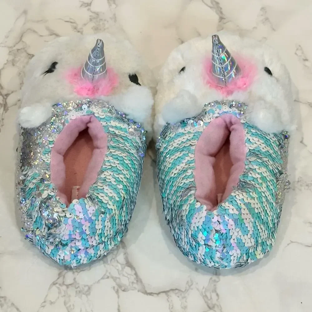 Capelli New York Little Girls Sequin Unicorn Slippers Size 1-2